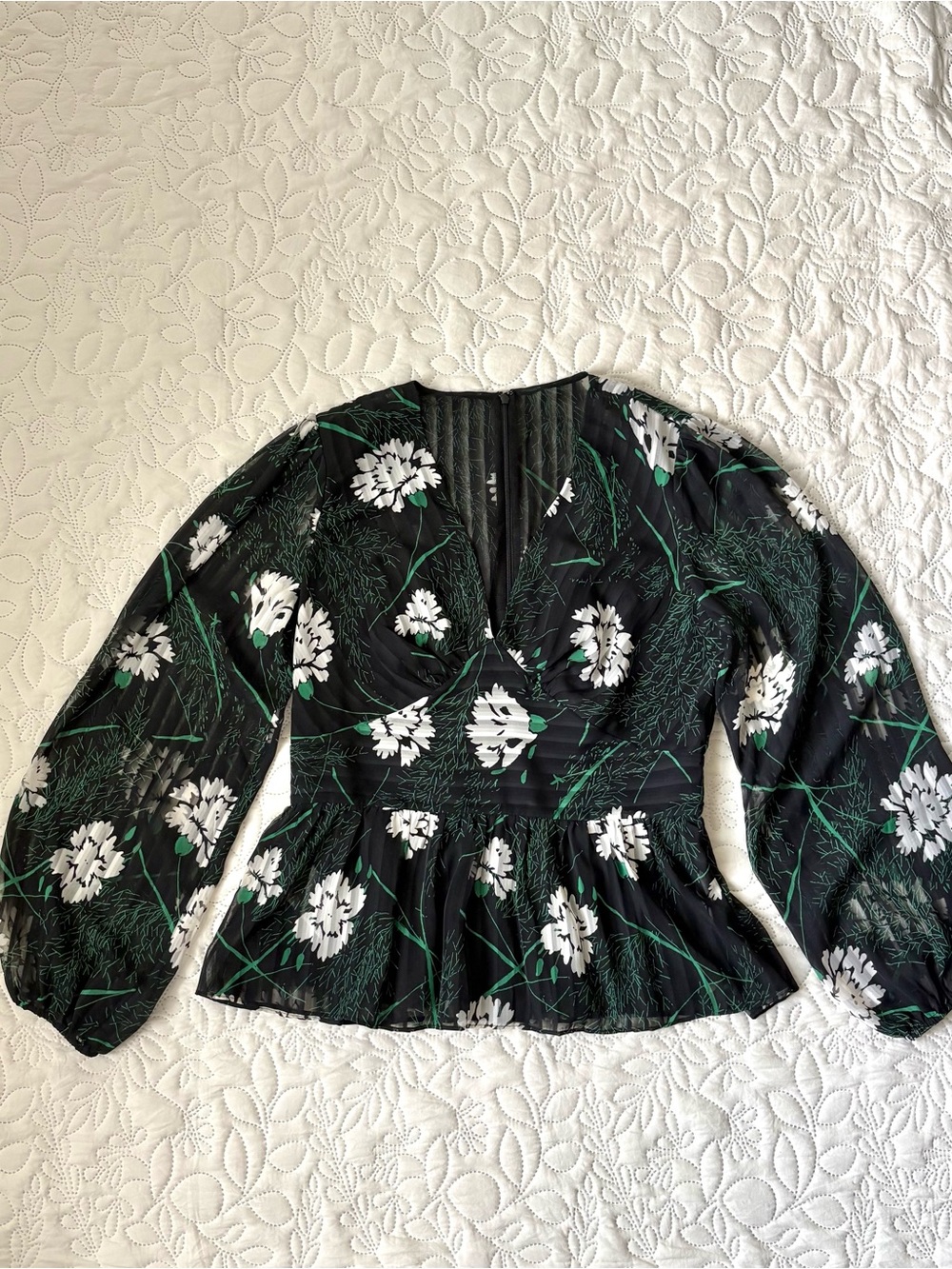 BCBGMaxAzria Floral Wrap Peplum Blouse Balloon Sleeve Black Green White Size M